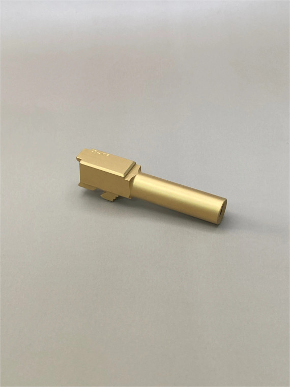 Angled side view of a Glock 26–compatible 9mm barrel featuring a gold Titanium Nitride (TiN) finish, precision‑machined from 416R stainless steel and designed as a drop‑in replacement for Glock 26 Gen 1–4 pistols.

Glock 26 Gen 1-4 9mm TiN stainless steel barrel side view – drop‑in.