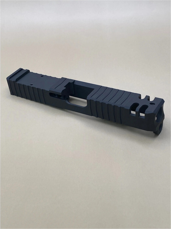 Angled left‑side view of the Kineti‑Tech Phantom Stripped Slide for Glock® 19 Gen 3 featuring a bull nose profile, aggressive front and rear serrations, and Armor Black Cerakote finish.

Kineti‑Tech Phantom stripped slide for Glock 19 Gen 3 with bull nose and deep serrations