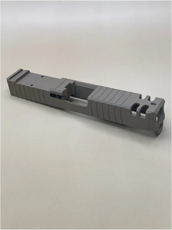 Angled left‑side view of the Kineti‑Tech Phantom Stripped Slide for Glock® 19 Gen 3 featuring a bull nose profile, aggressive front and rear serrations, and FDE Cerakote finish.

Kineti‑Tech Phantom FDE stripped slide for Glock 19 Gen 3 with bull nose and deep serrations