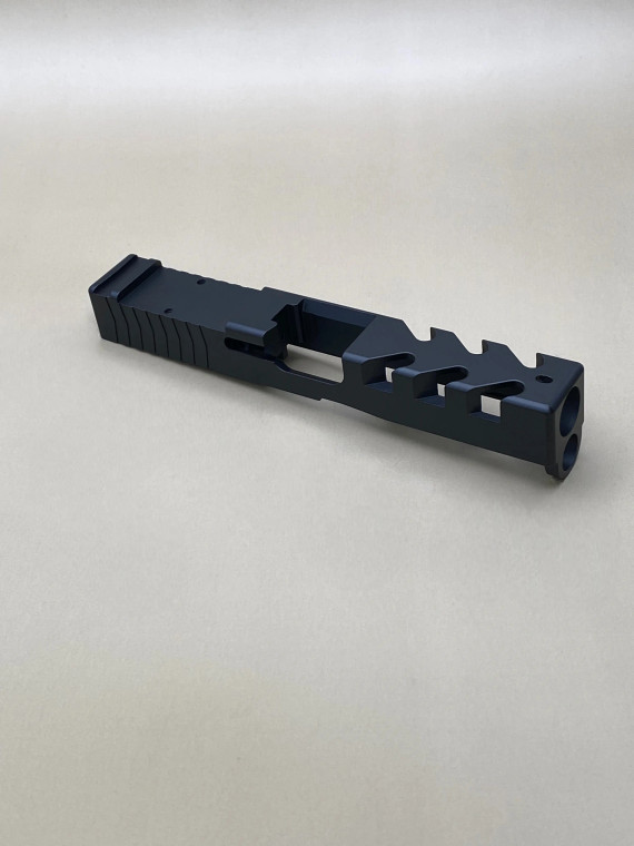 Kineti-Tech Predator Stripped Slide for Glock 19 Gen 5/19X in Armor Black Cerakote finish, featuring aggressive Raptor-style lightening cuts and rear optic cut for RMR footprint.

Kineti‑Tech Predator Glock 19 Gen 5/19X slide in Armor Black Cerakote with Raptor‑style lightening cuts and rear RMR optic cut.