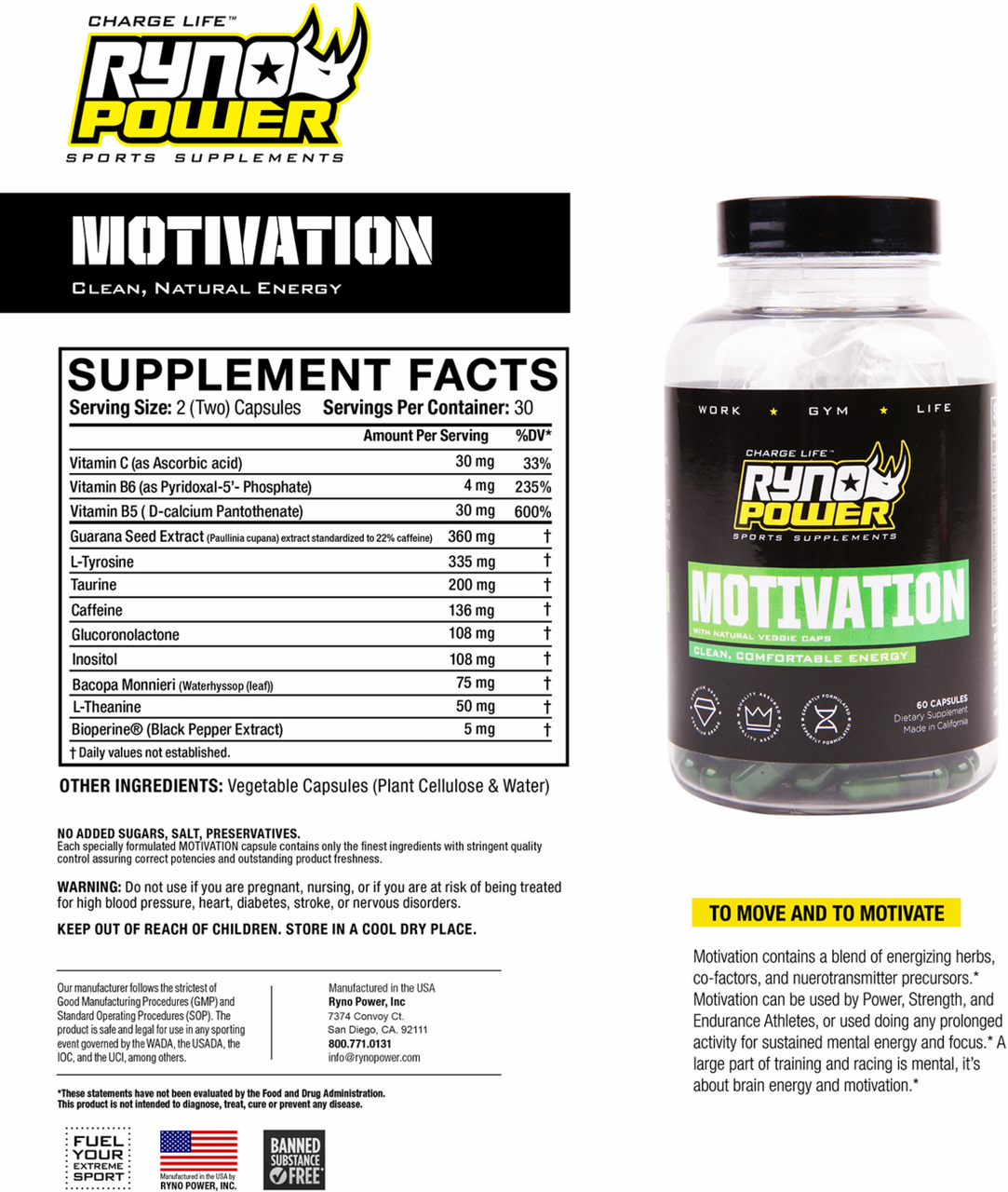 Ryno Power Motivation PreWorkout Focus Energy Supplement Capsules