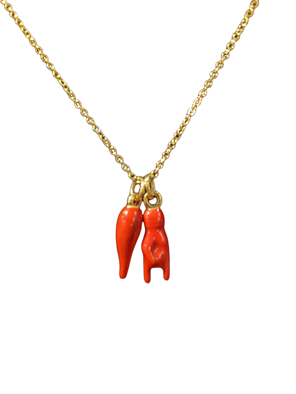 Stainless steel Gold plated Italian Horn Necklace with Hand Red Enameled -  keys love jewelry