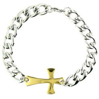 Stainless Steel Cross Bracelet  
Finish: Gold Plated Cross 
Size 8