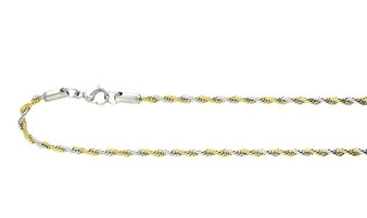 3MM 
Stainless Steel 
 Two Tone 
 Rope Chain 
Available Sizes: 3mm 
 Available Lengths: 
 18",20",22",24",30