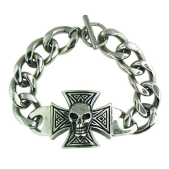 Stainless Steel 
Maltese Cross Skull Bracelet  
 Highly polished stainless steel maltese cross skull toggle bracelet. 
 Available sizes: 
 8", 8.75" or 9.75" 
 Approx. Weight: 69.1 grams  
 Approx. Width: 28mm

