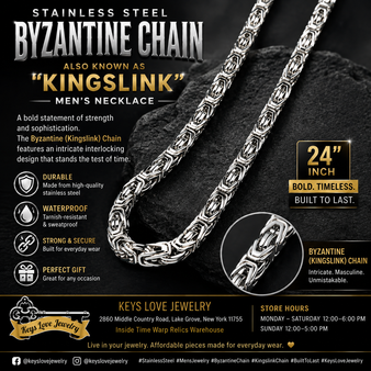 Stainless Steel 
 Byzantine Chain 
9mm 
Length: 24" 
