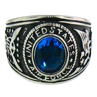 Stainless Steel United States Air Force Ring 
 Ring has a blue center stone! 
Available Sizes: 9 - 15 
 Approx. Width: 20mm 
 Approx. Weight: 23.9 grams