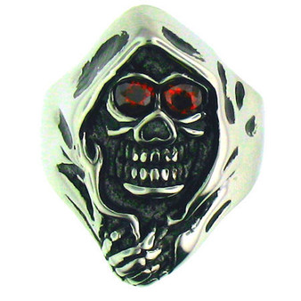 Stainless Steel Reaper with Red CZ Eyes Ring 
Available Sizes: 8 - 14
 Ring Width: Approx. 28mm 
 Approx. Weight: 12.8 grams