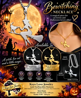 Bewitching Witch & Cat Broomstick Necklace – Stainless Steel – 24" 