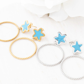 Turquoise Star Drop Hoop Earrings 