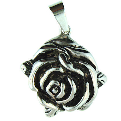 Description: Stainless Steel Flower Pendant. 
 Stainless steel flower pendant with intricate detailing. 
Pendant Approx. Weight: 11.7 grams 
 Approx. dimensions: 29mm x 40mm 
