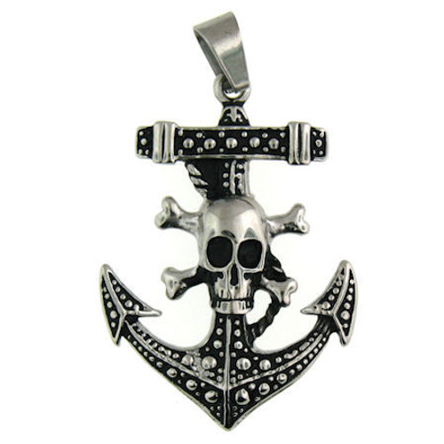 Stainless Steel Skull Anchor Pendant. 
 Stainless steel skull anchor pendant with intricate detailing. 
 Approx. dimensions: 1.25 x 2.04 Inches