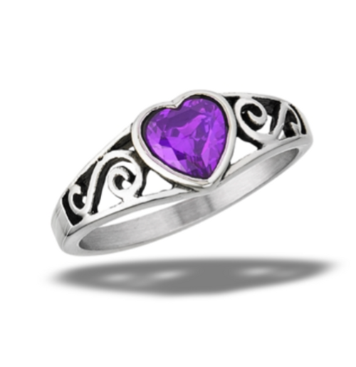 Stainless Steel Amethyst CZ Heart Ring With Swirls

Sizes 6-10
