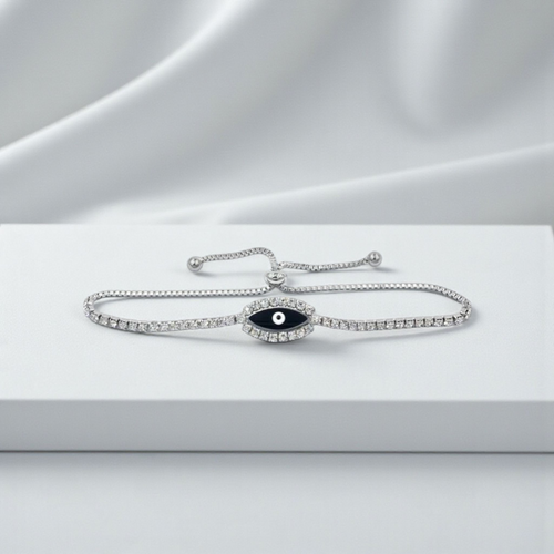 Stainless steel evil eye lariat bracelet with cz's