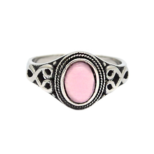 Stainless steel pink cat's eye ring