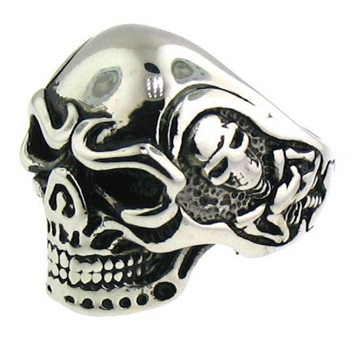 Stainless Steel Skull Ring with Skeleton on side

Available in large sizes 16-20