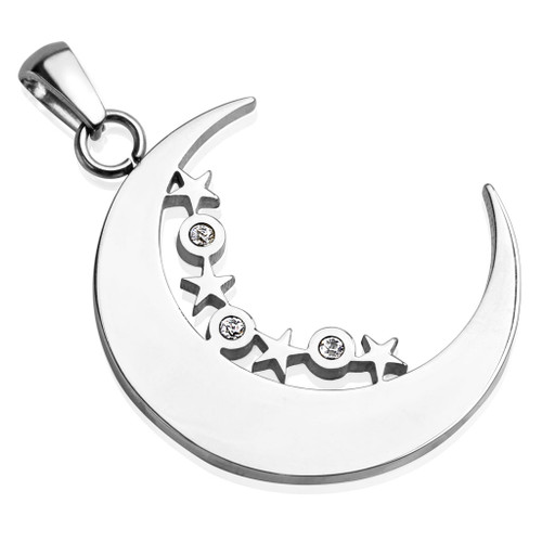 Stainless Steel Moon and Stars Pendant 
Includes stainless steel Box chain 
Choice of box chain length 
16, 18 or 20 Inches