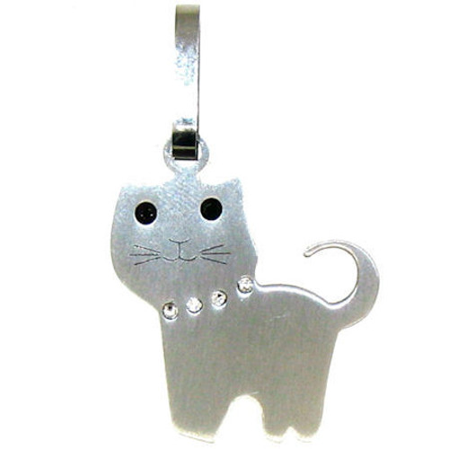 Description: Stainless Steel CZ Cat Pendant. 
 Stainless steel cat pendant with CZ accents. 
Pendant Approx. Weight: 2.9 grams