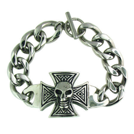 Stainless Steel 
Maltese Cross Skull Bracelet  
 Highly polished stainless steel maltese cross skull toggle bracelet. 
 Available sizes: 
 8", 8.75" or 9.75" 
 Approx. Weight: 69.1 grams  
 Approx. Width: 28mm
