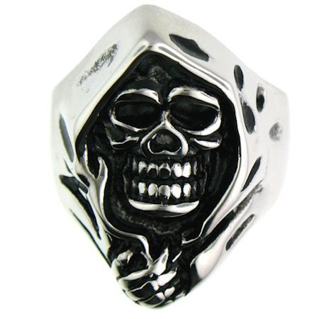 Large stainless steel Grim Reaper ring with intricate detailing. 
Available Sizes: 8 - 16 
 Approx. Dimensions: 1.10 x 0.87 Inches
