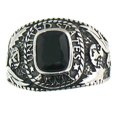 Stainless Steel Black United States Army Ring 
Available Sizes: 8 - 15 
 Stainless steel US Army ring with a black stone. 
Approx. Width: 18mm 
Approx. Weight: 19.7 grams 

