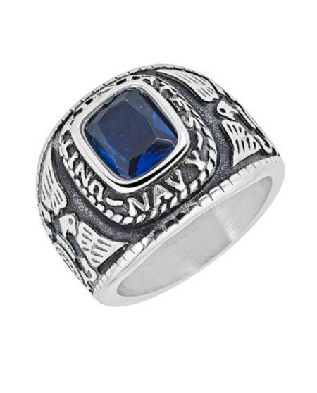 United States Navy Military Stainless Steel Men's Ring with Blue Stone