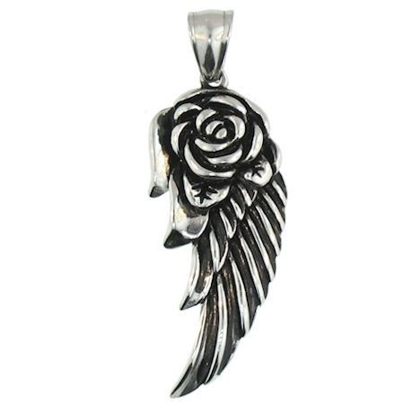 Large Stainless Steel Rose Wings Pendant. 
 Large stainless steel rose wing pendant with intricate detailing. 
Comes with a Free Stainless Steel Rope Chain
