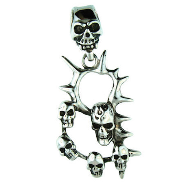 Stainless Steel Spiral Skull Pendant. 
 Stainless steel skull pendant with intricate detailing. 
Pendant Approx. Weight: 23.8 grams 
 Approx. dimensions: 1.53 Inches x 3.34 Inches 

All Pendants come with a stainless steel Rope Chain 
