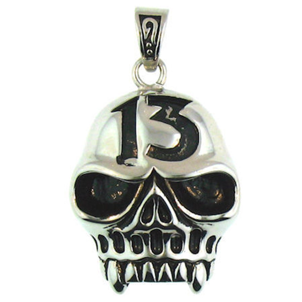 Large Stainless Steel Jawless 13 Skull Pendant. 
 Large stainless steel jawless 13 skull pendant with intricate detailing. 
Pendant Approx. Weight: 26.6 grams 
 Approx. dimensions: 1.14 Inches x 1.88 Inches