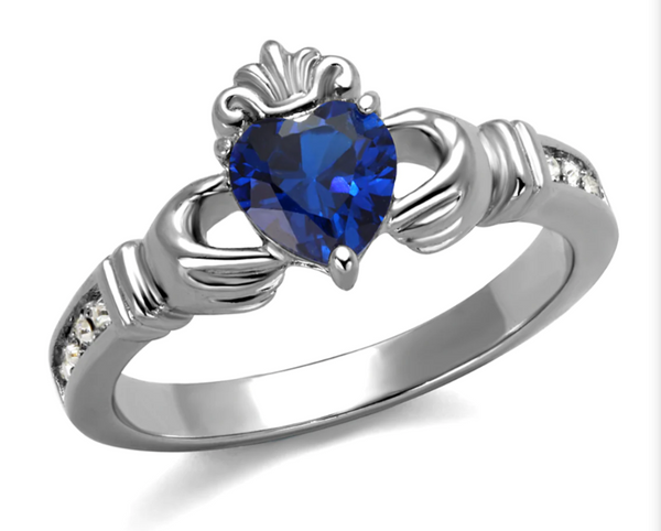 Stainless Steel Blue Spinelle Heart Claddagh Ring
Sizes 5-10