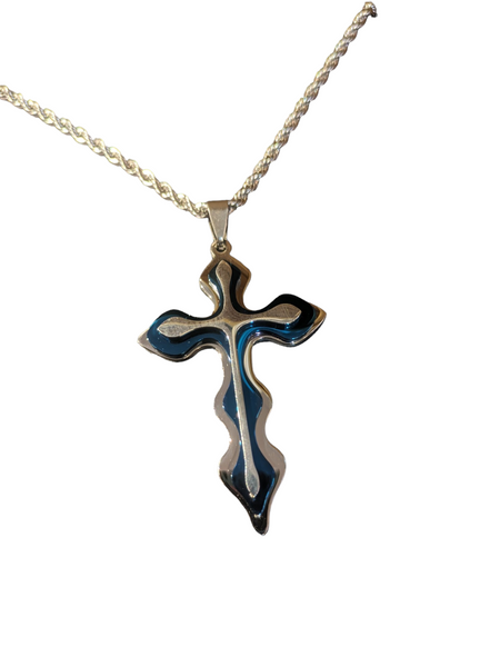 Stainless Steel And Blue  Enameled Triple layer Cross Necklace
