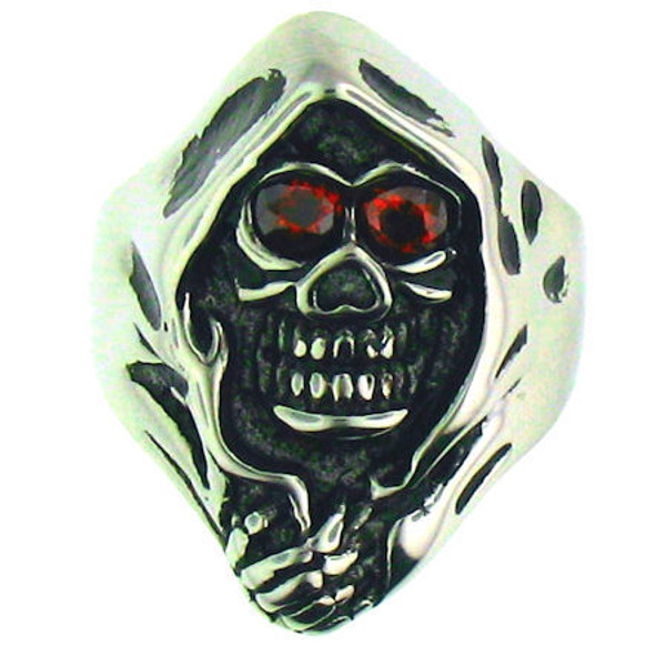 Stainless Steel Reaper with Red CZ Eyes Ring 
Available Sizes: 8 - 16 
 Ring Width: Approx. 28mm 
 Approx. Weight: 12.8 grams