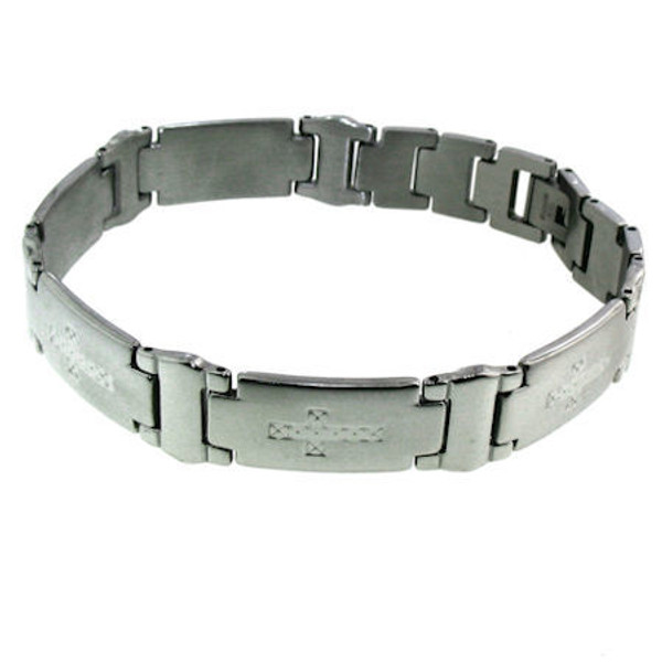  Stainless Steel Cross Bracelet 
 Highly polished stainless steel cross bracelet. 
 Approx. 8.5" long 
 Approx. 11mm wide 
 Approx. Weight: 41.6 grams 