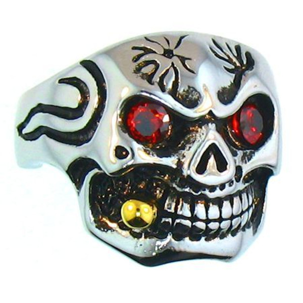 Stainless steel skull ring with red CZ eyes! 
 Skull has a gold plated bullet tip! 


