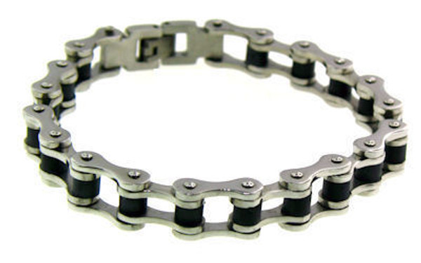 Stainless Steel & Black Bracelet 
Available in Sizes: 
 7. - 10" 
 Highly polished stainless steel bike chain bracelet with black detailing. 
 Approx. Weight: 35.9 grams 