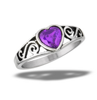 Stainless Steel Amethyst CZ Heart Ring With Swirls

Sizes 6-10