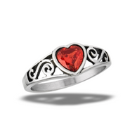 Stainless Steel Garnet CZ Heart Ring With Swirls