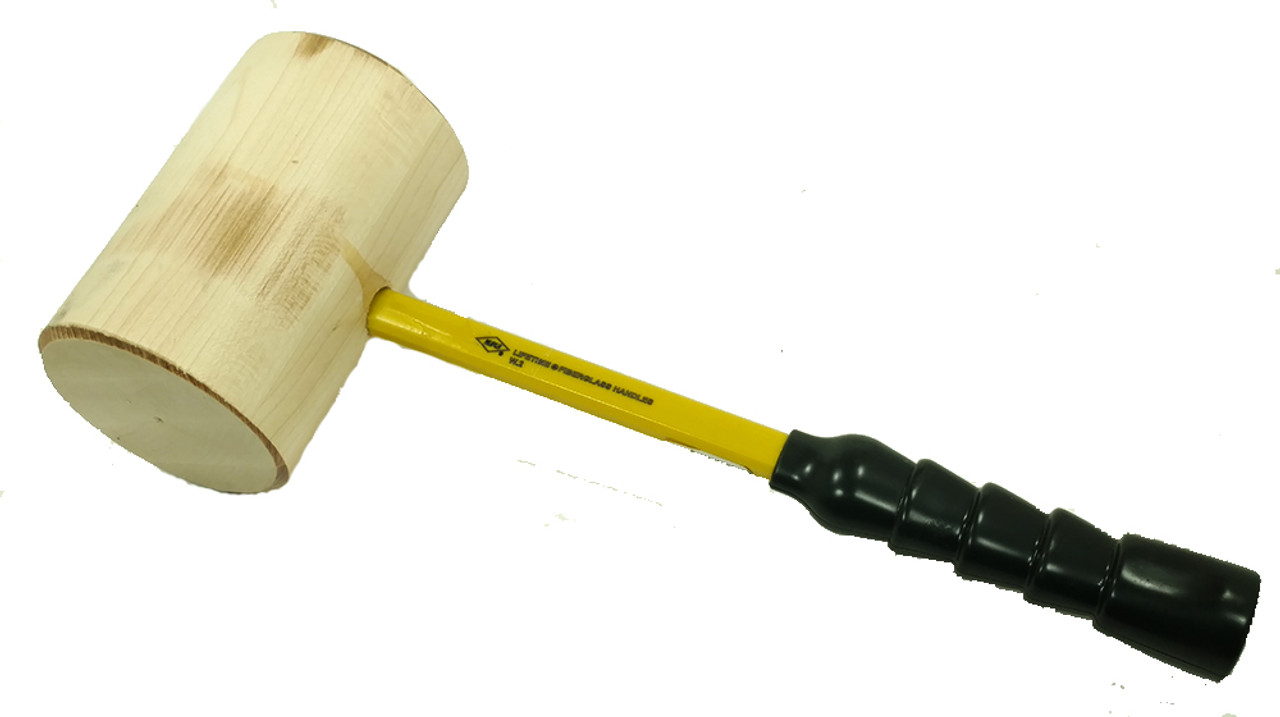 WM4F 4" laminated wood mallet, 6" long, 16" Fiberglass handle, 1.7 Ib head weight.