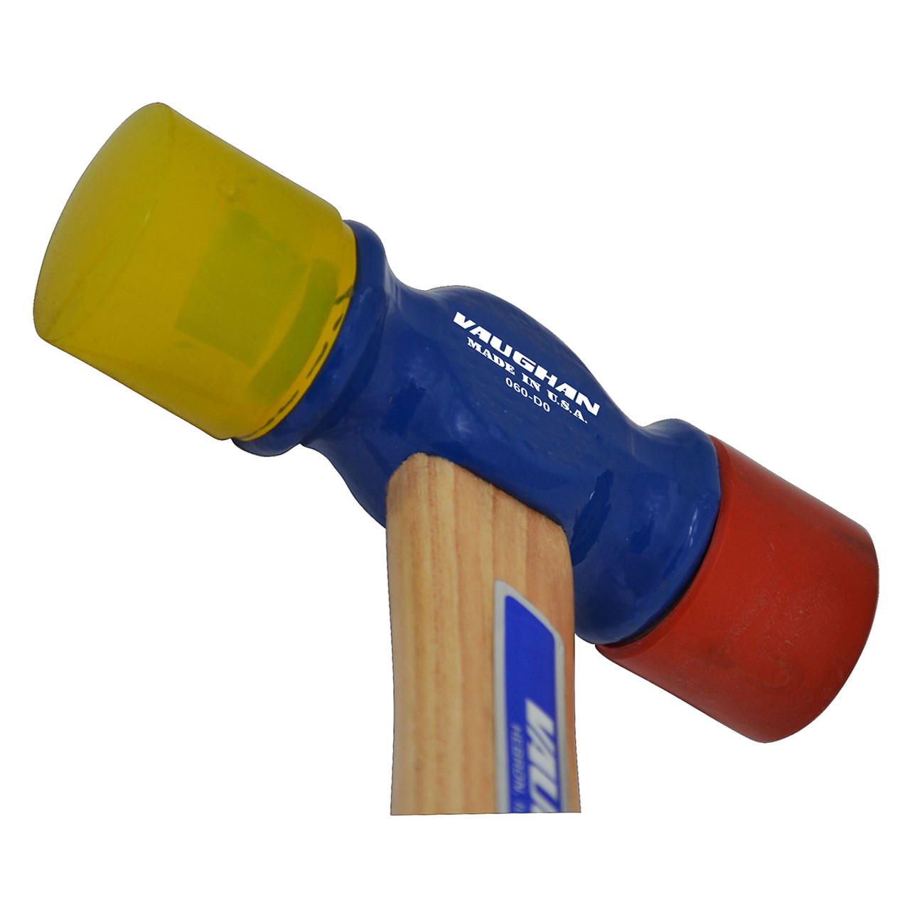 Vaughan 12oz Replaceable tip hammer, 1 3/8" face diameter, 12 1/2" wood handle. 1 red tip, 1 yellow tip.