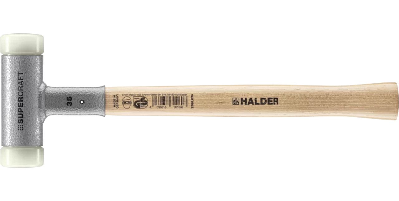 Halder Supercraft 1 1/4 lb. Dead Blow Mallet, 1.4 inch diameter white nylon faces, 13 inch tool length, wood handle.