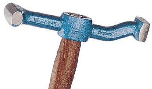 Picard planishing hammer, 450 gm (1 lb.), 1 rounded pein, 1 square curved face, wood handle.