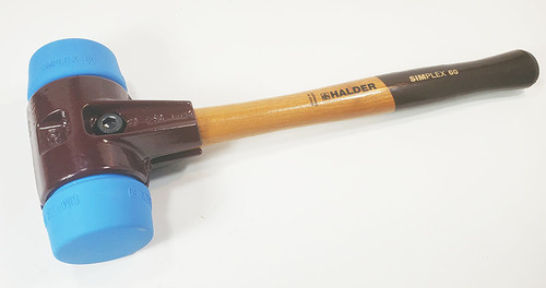 Halder Simplex Mallet assembled with handle, housing and blue rubber inserts.