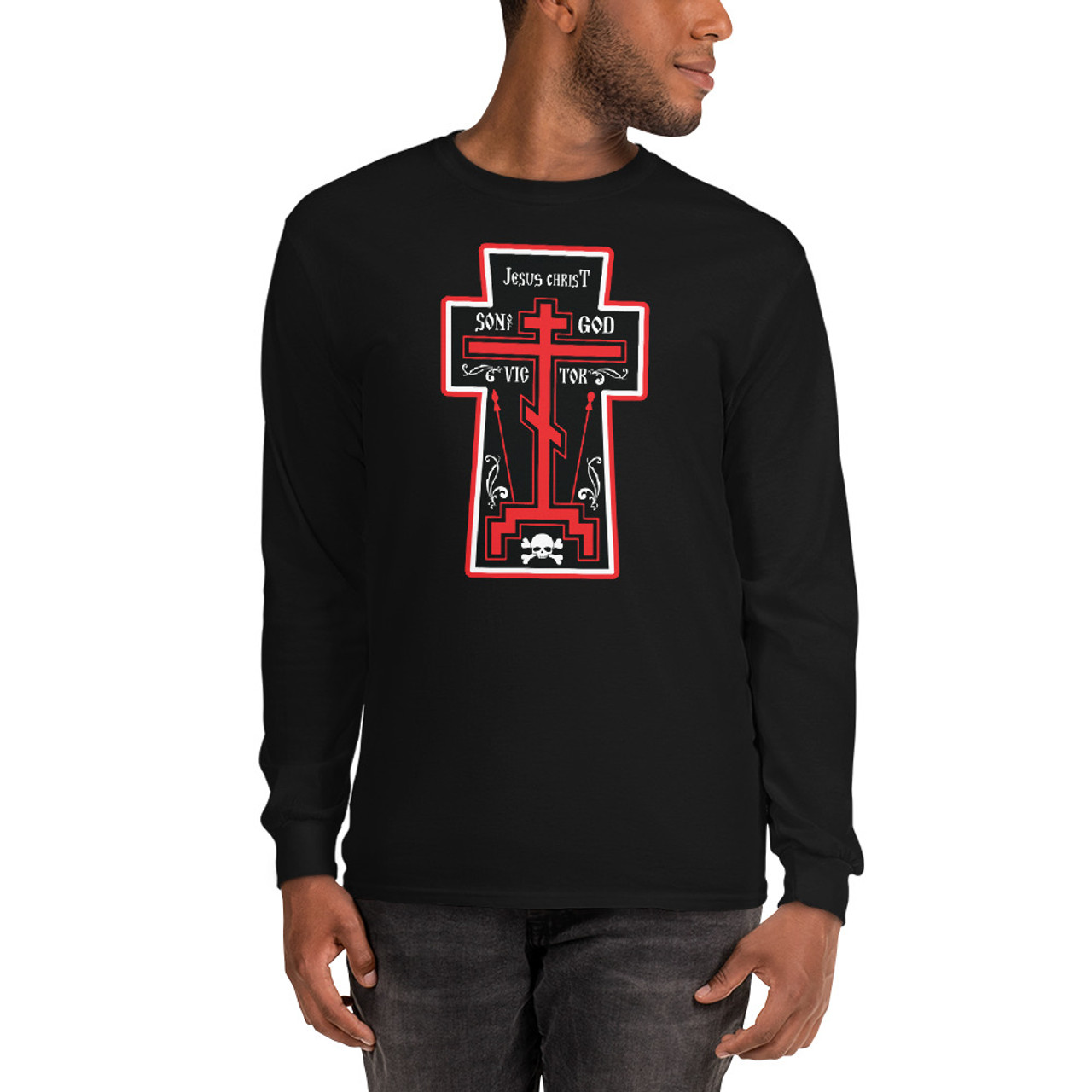 Jesus the Victor Schema Cross – Men’s Long Sleeve Shirt