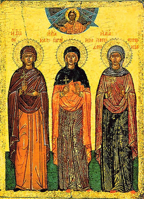 Icon of Ss. Thekla, Irene & Ephemia - 16th c. Cretan - (1TI10)