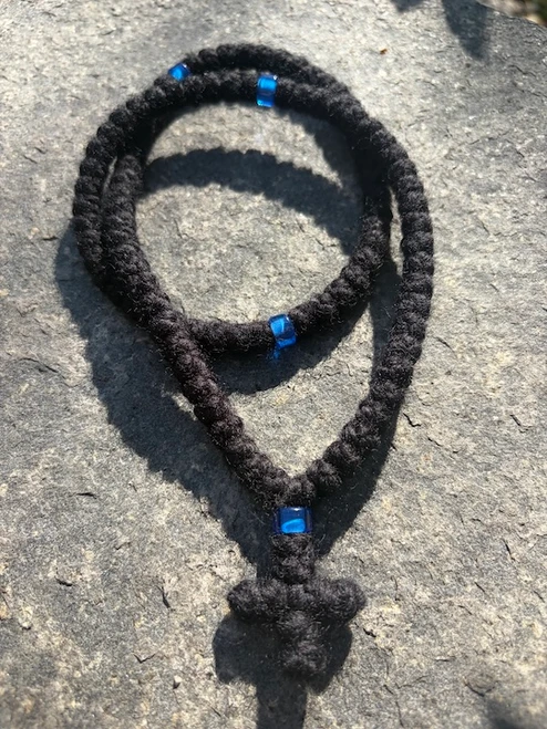 100 Knot Prayer Rope Black with Blue Bead (PR100BL)