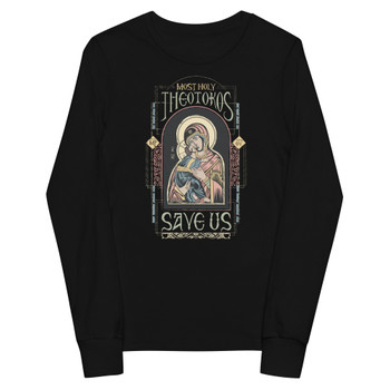 トップス Religion border long tee patch archive Most Holy Theotokos Save Us – Youth's Long Sleeved T-shirt - Uncut