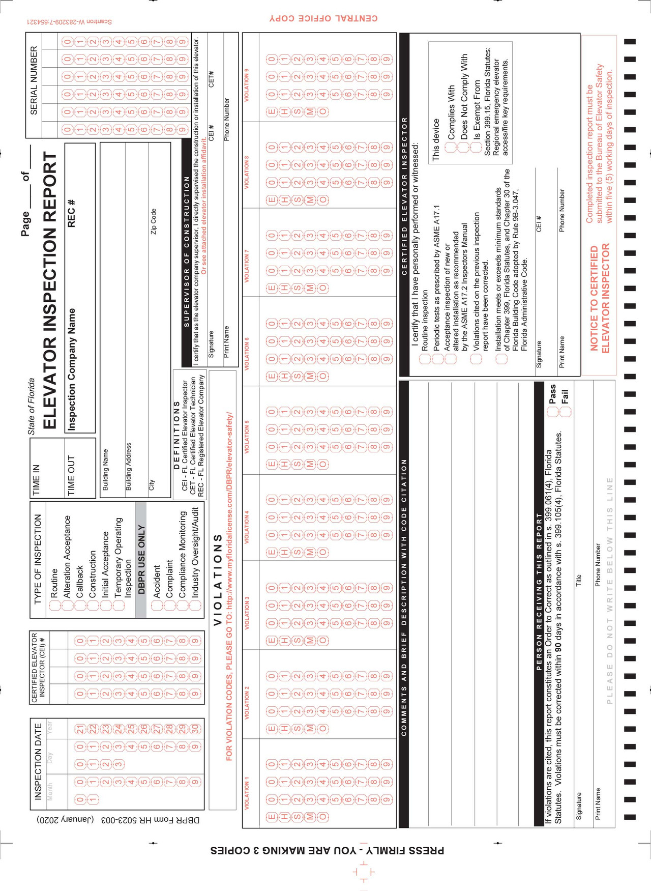 283209 Elevator Inspection Form (100/PKG) - Scantron