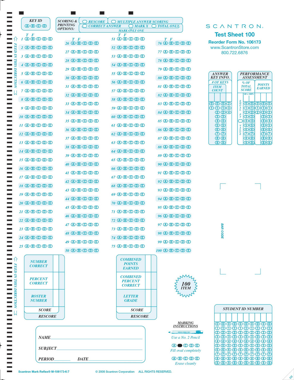 テスト 106173 Test Sheet 100 (500/PKG) - Scantron
