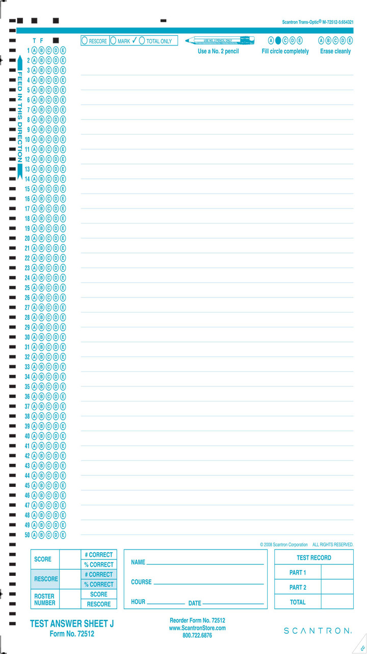 72512 Answer Sheet J (500/PKG) - Scantron
