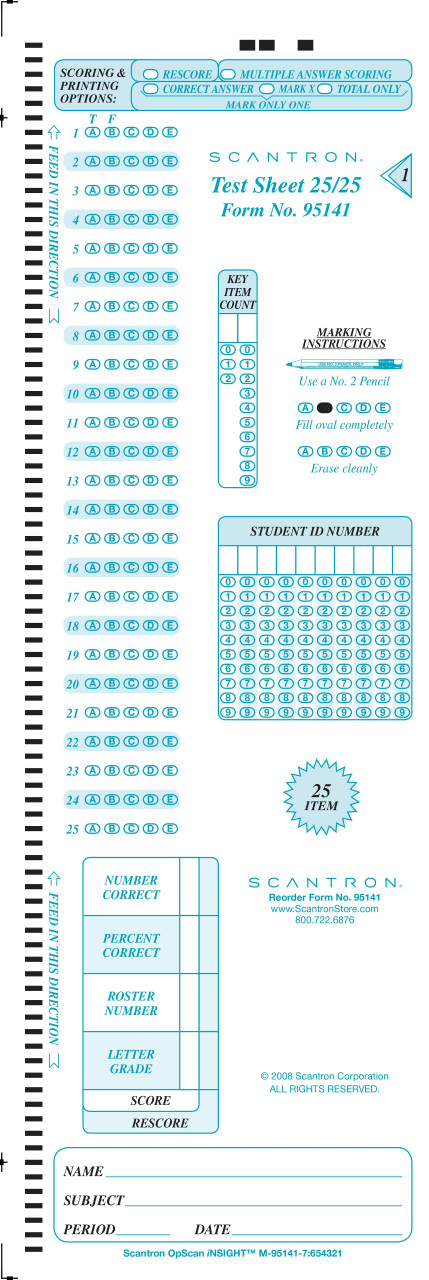 95141 Test Sheet 25/25 (500/PKG) - Scantron